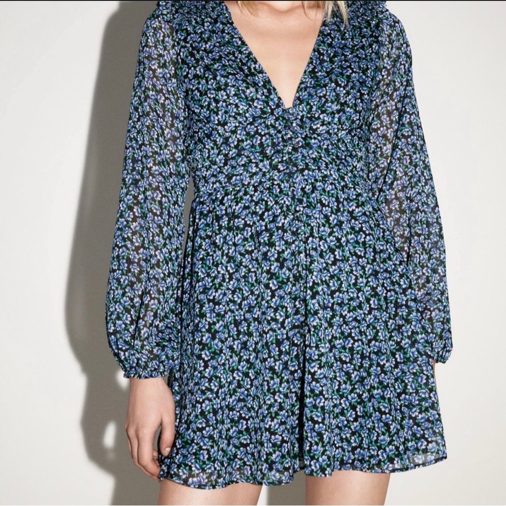 NWT Zara women floral long sleeve tunic dress, blue, size S